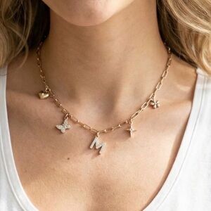 Mia Sarine Initial M Charm Necklace Gold Fine Silver Plated Butterfly Heart Star